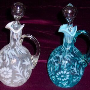 Pair Beautiful Fenton Daisy & Fern Opalescent Glass Cruets w' Stoppers